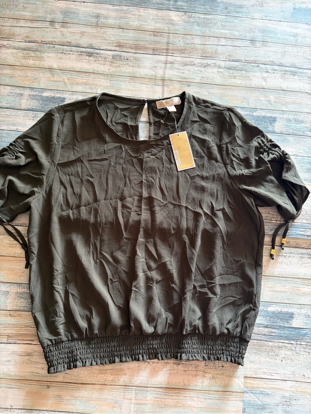 Michael Kors Olive Green Short Sleeve Tie-Detail Blouse NWT - Picture 3 of 6